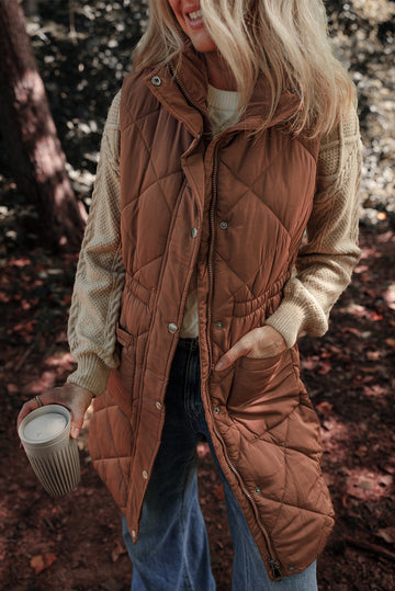 Coffee Longline Quilted Stand Collar Puffer Vest BB Fashion Outlet