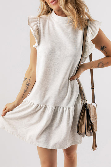 White Flutter Sleeve Crew Neck Shift Dress eAura