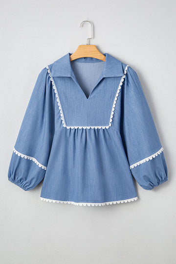 Dusk Blue Lace Ric Rac 3/4 Puff Sleeve Collared Babydoll Blouse eAura