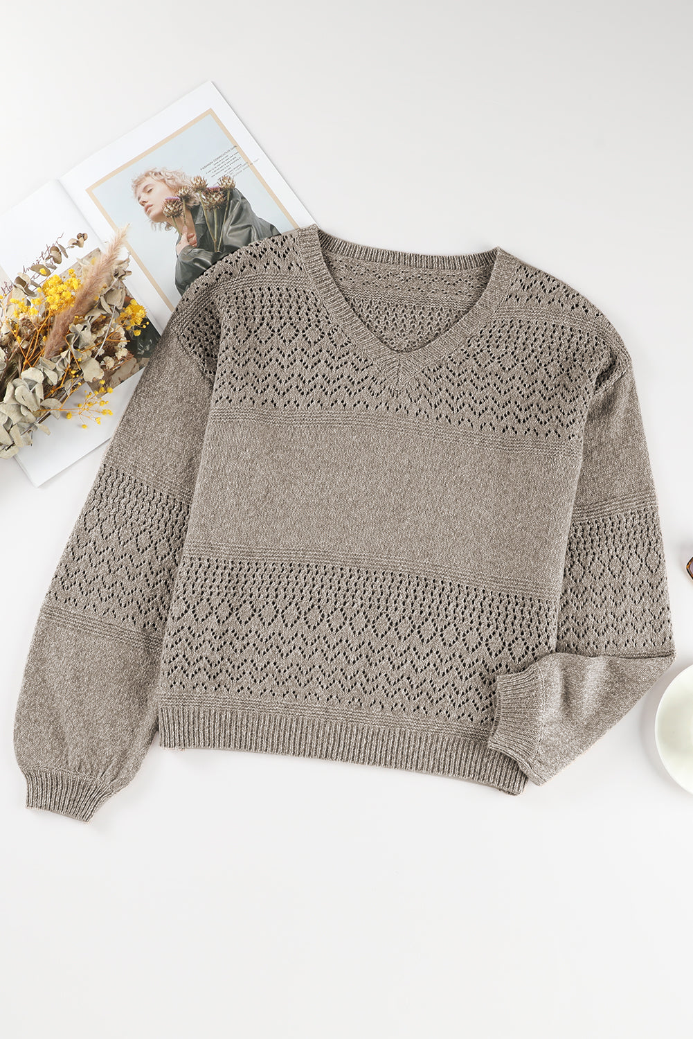 Black Eyelet Pattern Detail V Neck Drop Shoulder Sweater eAura