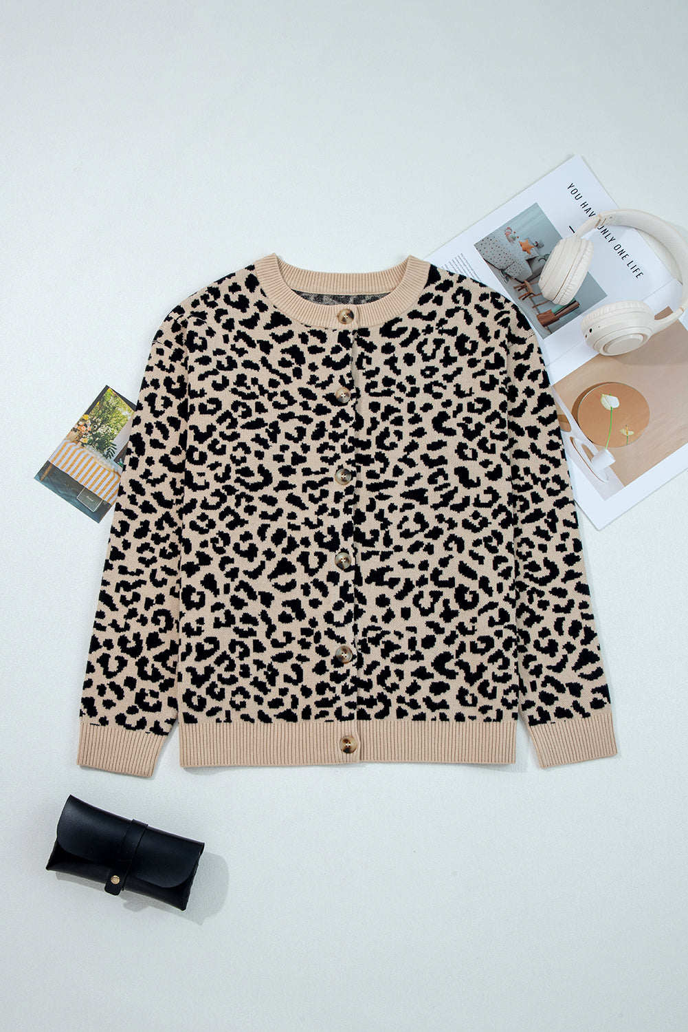 Leopard Print Drop Shoulder Chunky Knit Cardigan eAura