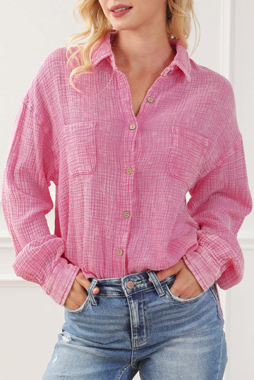 Sky Blue Mineral Wash Crinkle Textured Chest Pockets Shirt eAura
