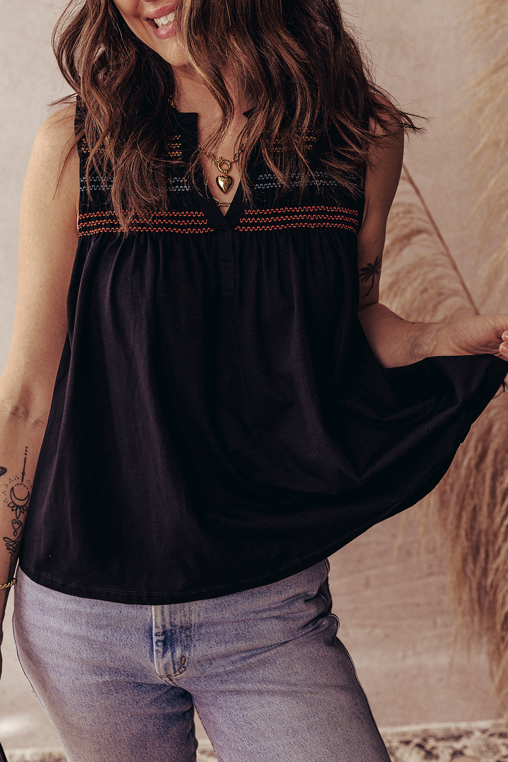 Black Shirred Yoke Notched V-Neck Tank Top eAura