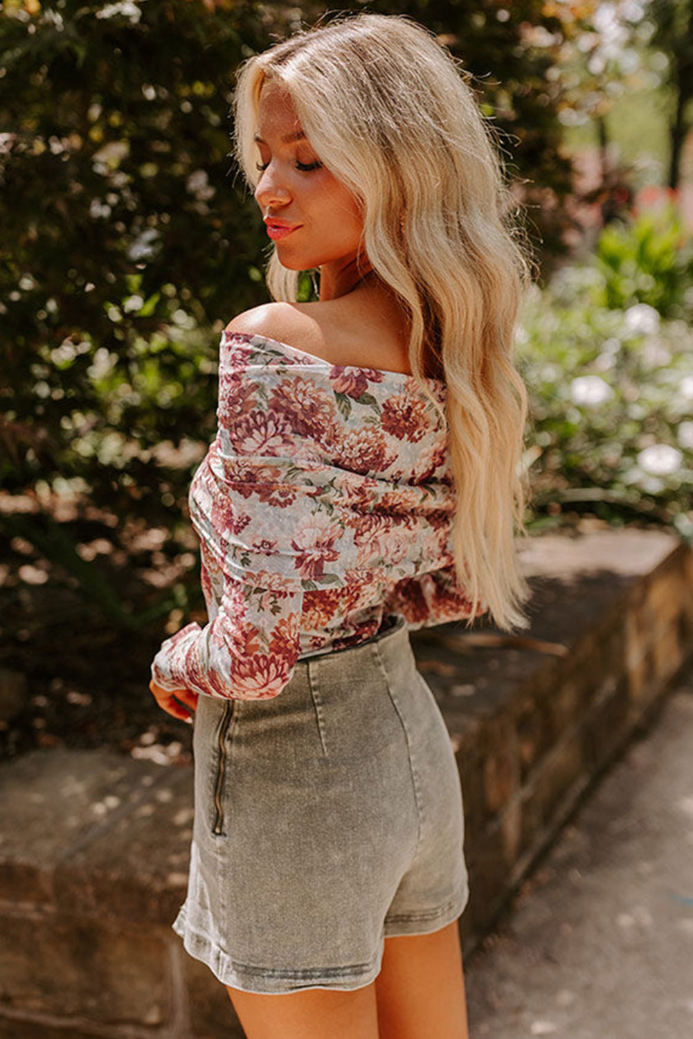 Pink Floral Printed Long Sleeve Sheath Bodysuit eAura