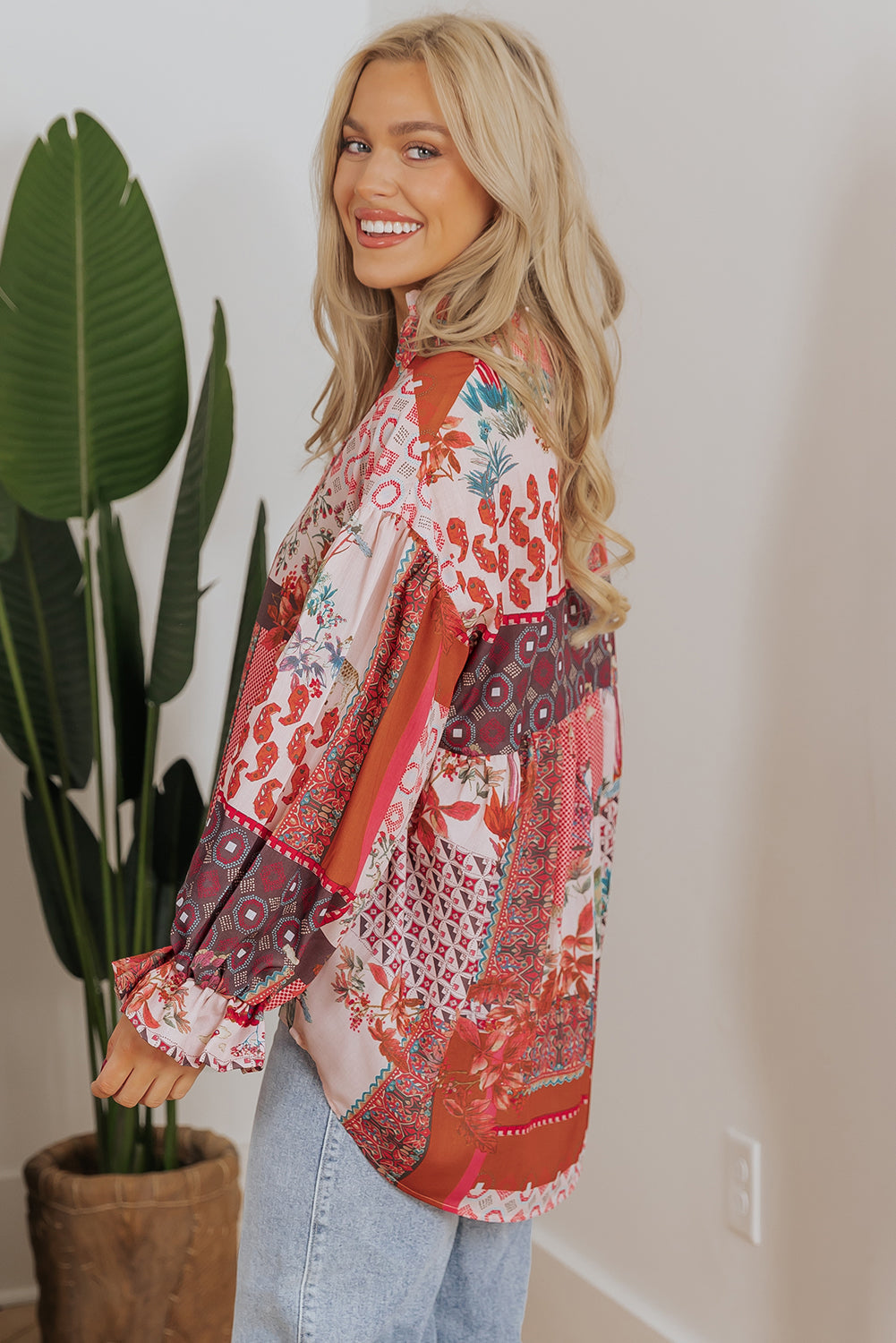 Red Boho Geometric Mixed Print Patchwork Bubble Sleeve Shirt eAura