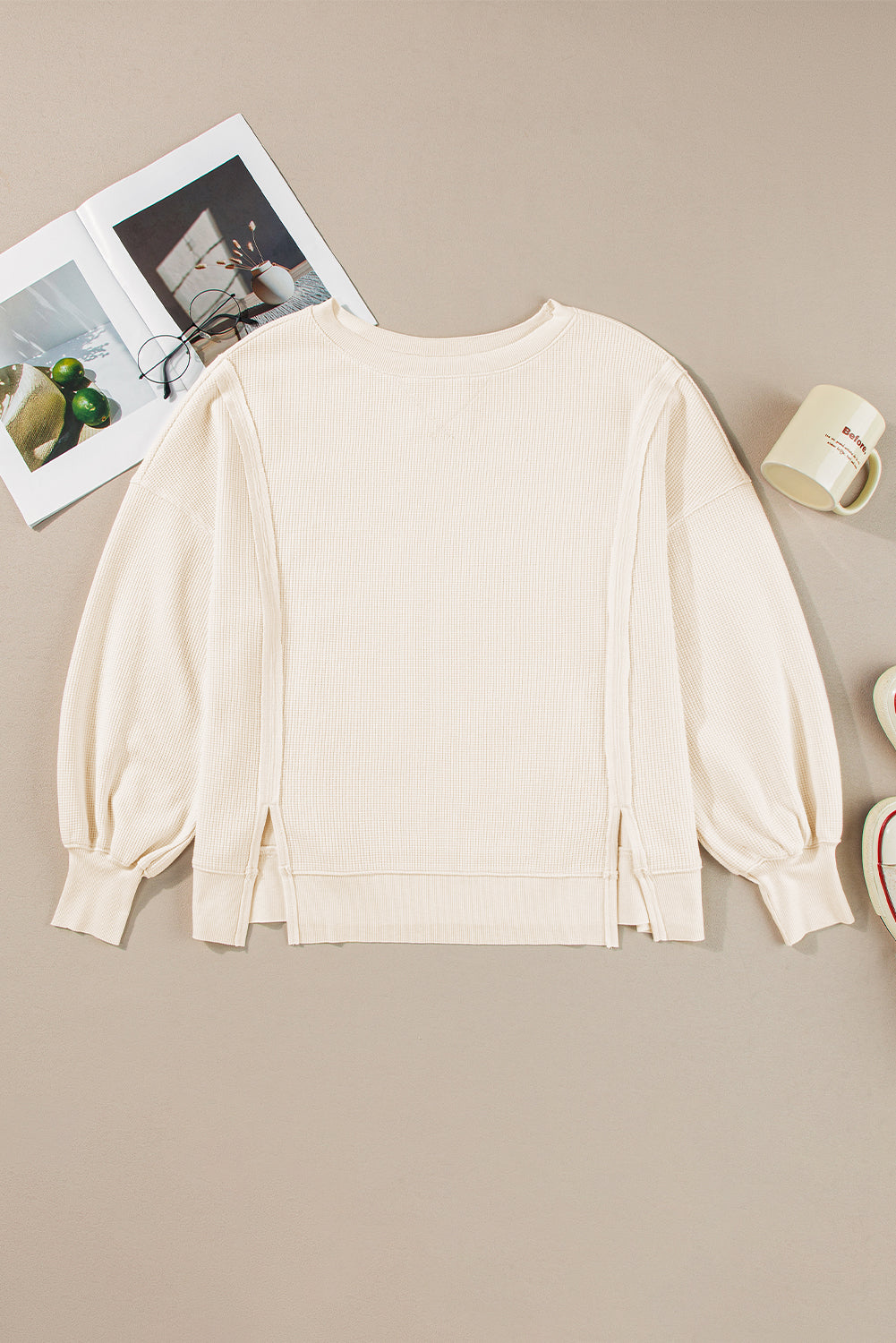 White Waffle knit Bishop Sleeve Split Oversized Top eAura