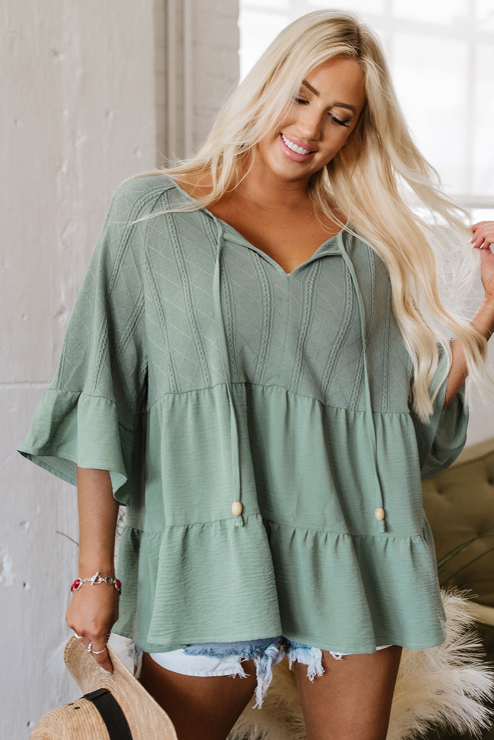 Laurel Green Tie Split Neck Textured Ruffle Patchwork Blouse eAura