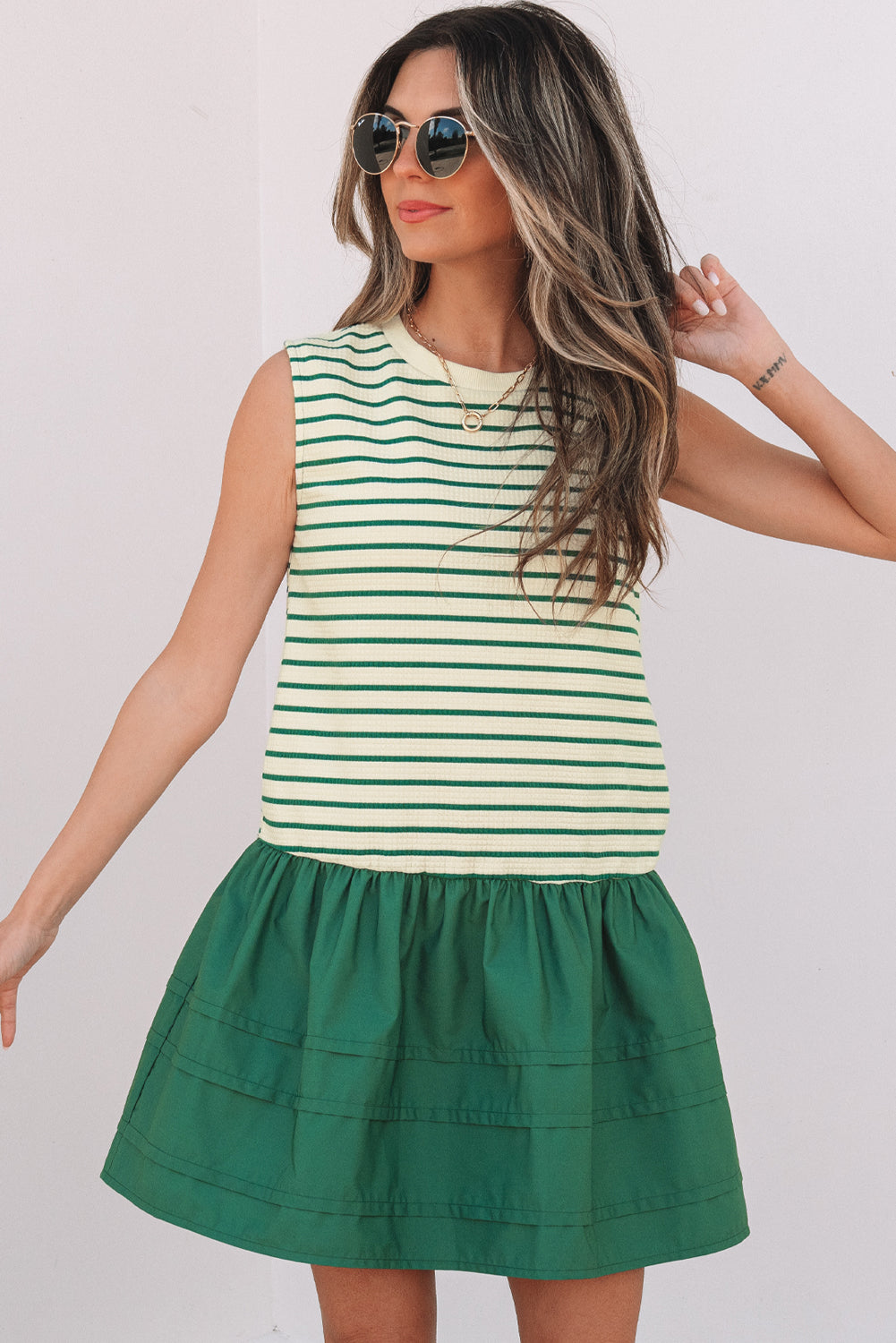 Green Stripe Woven Ruffled Sleeveless Mini Dress eAura