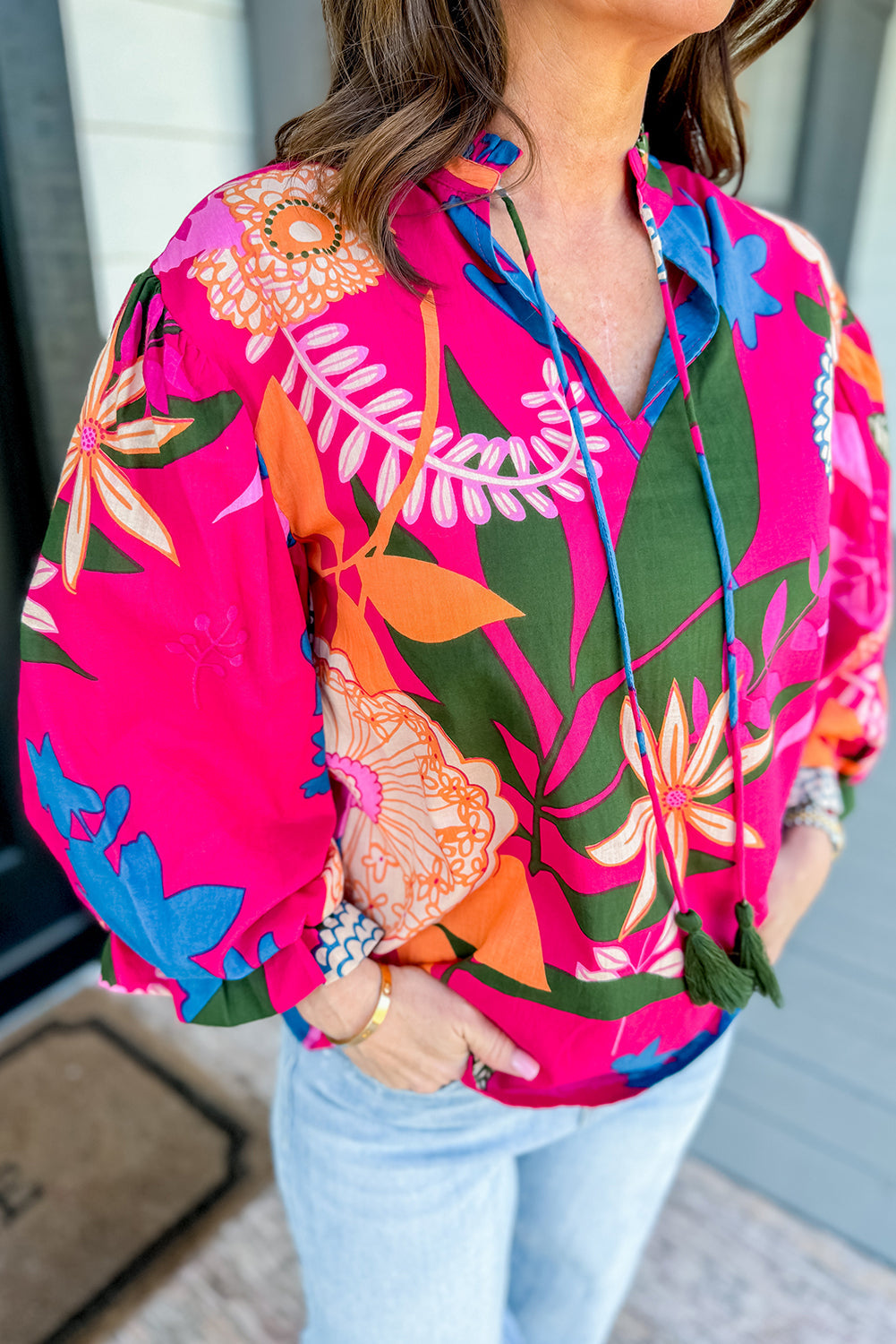 Rose Blooming Flower Print Ruffled Puff Sleeve Blouse eAura