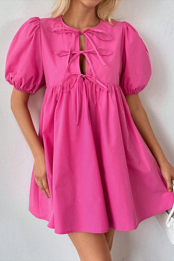 Bright Pink Solid Colour Puff Sleeve Tie Front High Waist Mini Dress eAura