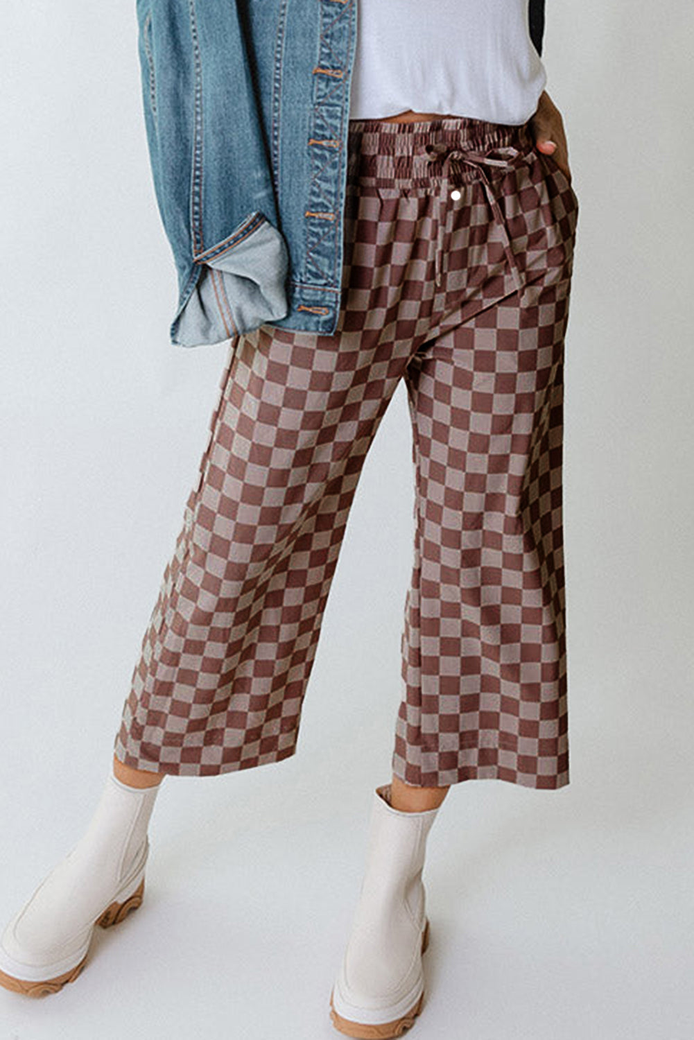 Checkered Elastic High Waist Loose Casual Trousers eAura