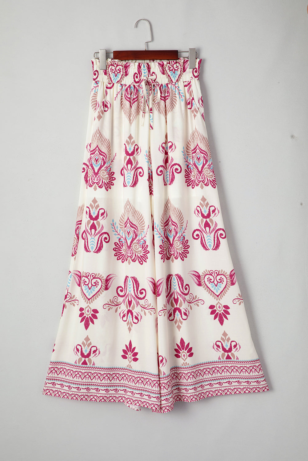 Rose Boho Print Shirred High Waist Wide Leg Trousers eAura