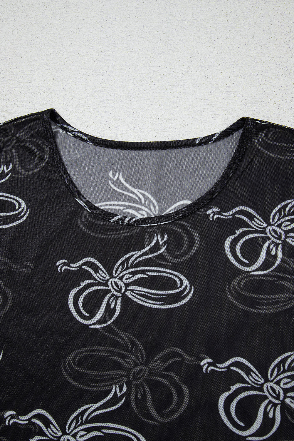 Black Round Neck Bow Print Long Sleeve Mesh Top eAura