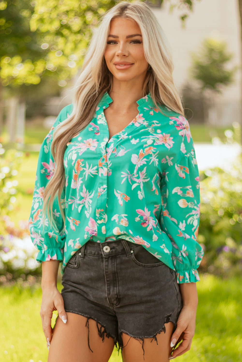 Green Floral Lantern Sleeve Button Front Shirt eAura