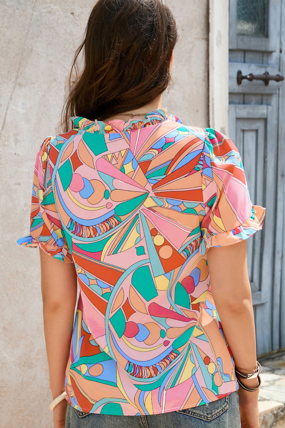 MultiColour Abstract Geometry Print Frilled V Neck Blouse eAura
