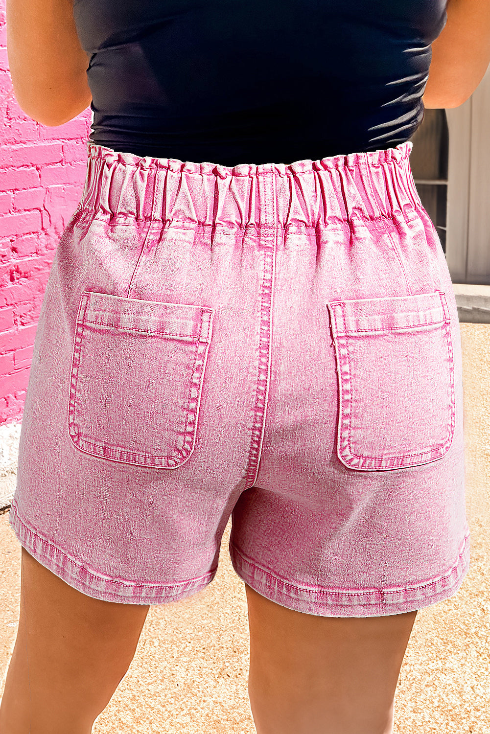 Strawberry Pink Elastic High Waisted Denim Shorts eAura