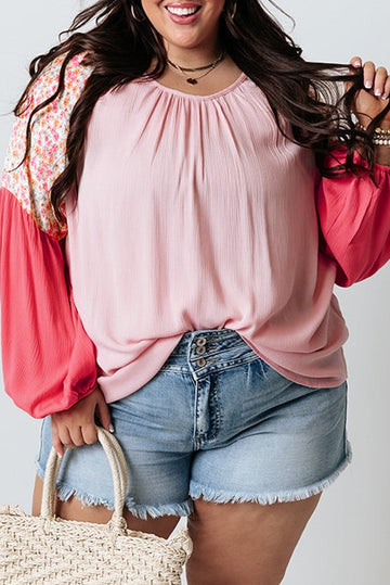 Pink Contrast Floral Patchwork Long Sleeve Plus Size Blouse BB Fashion Outlet