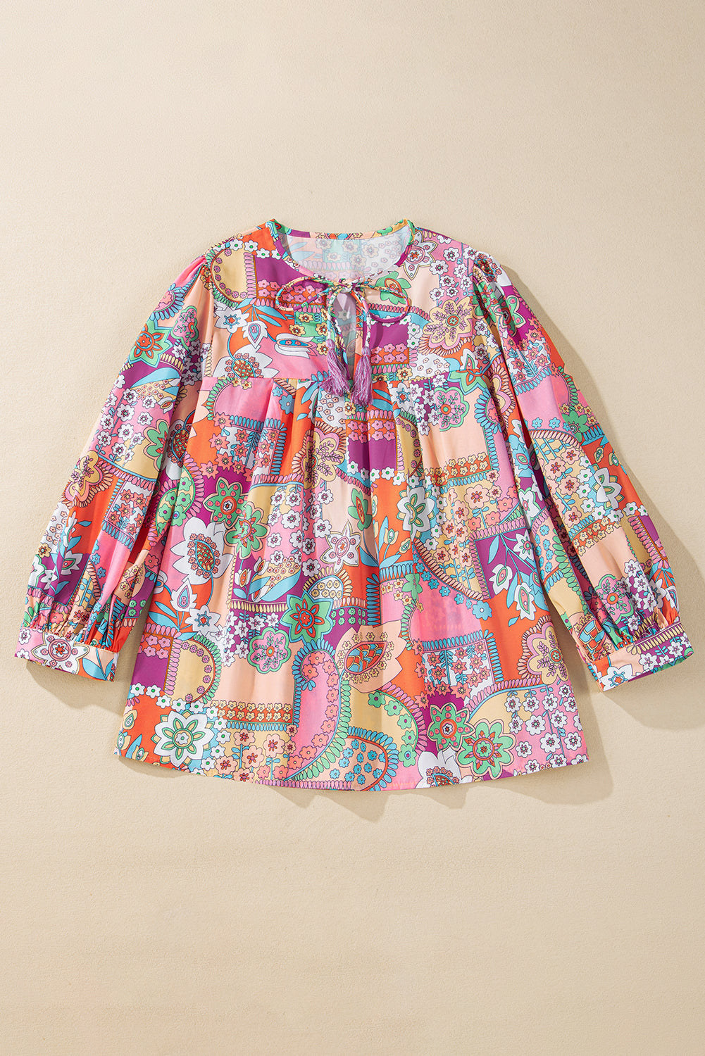 Multicolour Boho Floral Bubble Sleeve Tassel Tied Neck Pleated Blouse eAura