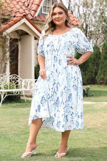Sky Blue Floral Print Sweetheart Neck Plus Size Midi Dress BB Fashion Outlet