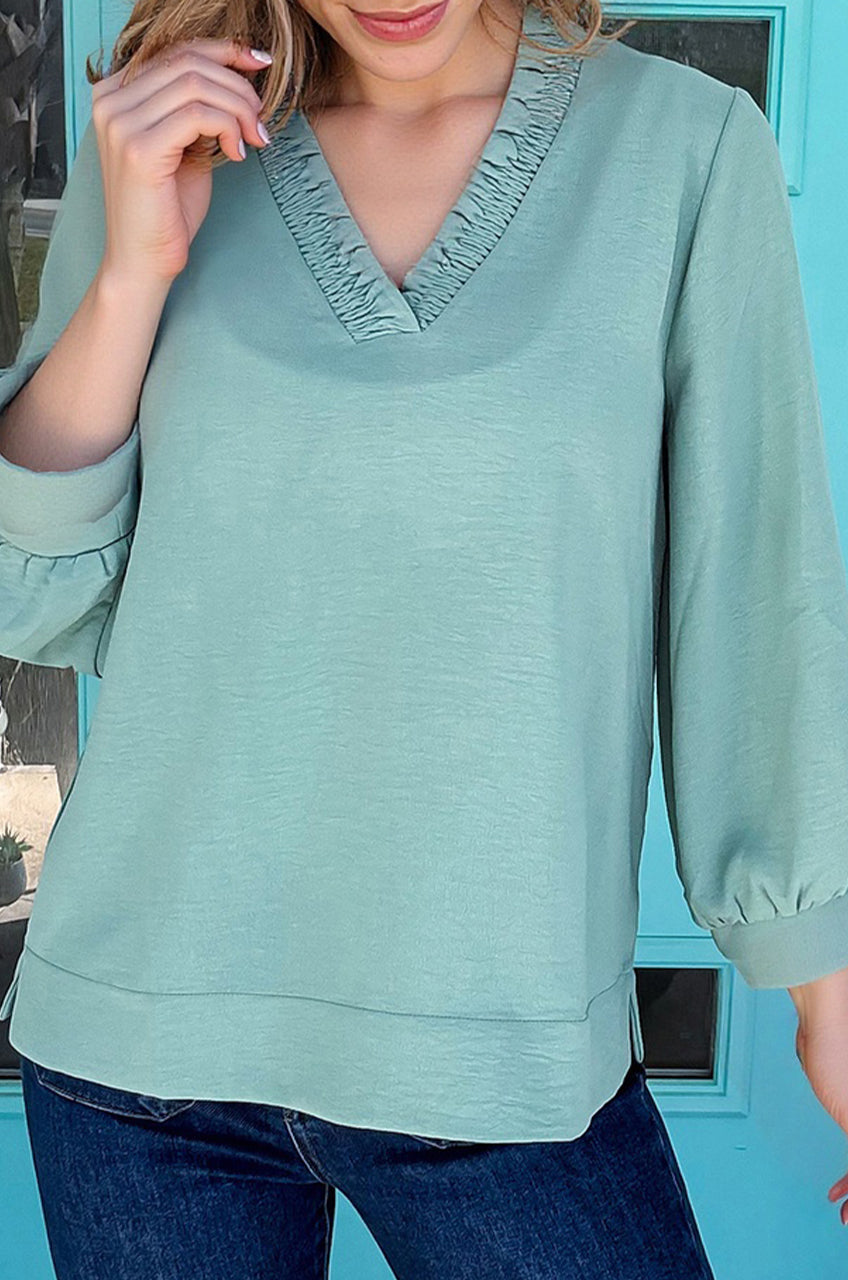 V-Neckline Bracelet Sleeve Crinkled Blouse eAura