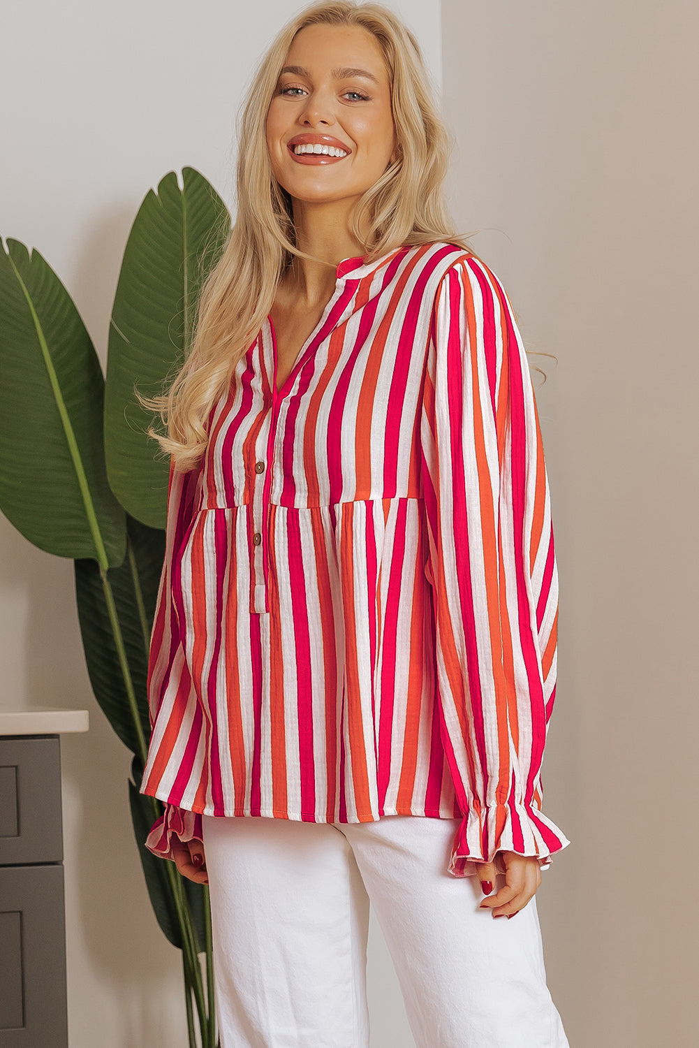 Orange Stripe Balloon Sleeve Notched V Neck Buttoned Front Blouse eAura