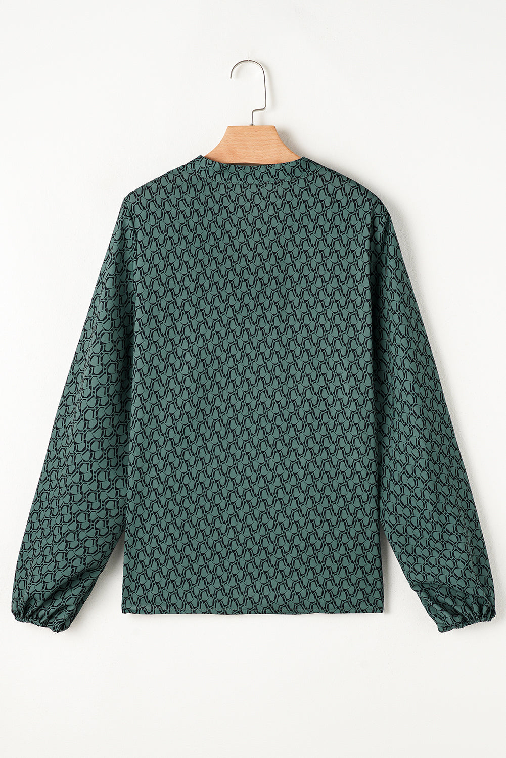 Green Geometric Print Notched Neck Puff Sleeve Blouse eAura