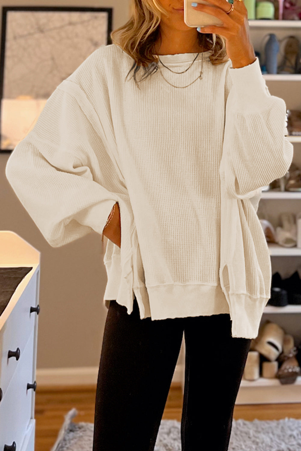 White Waffle knit Bishop Sleeve Split Oversized Top eAura