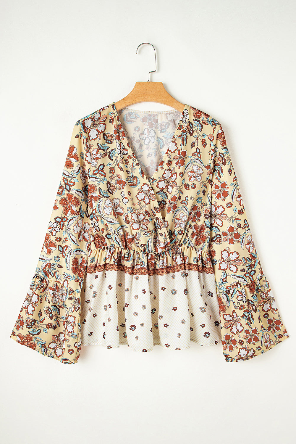 Yellow Printed Floral Bell Sleeve V Neck Wrapped Contrast Peplum Blouse eAura
