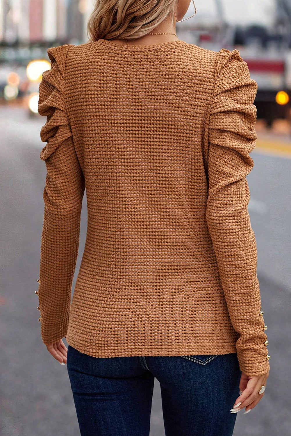 Solid Colour Textured Buttoned Gigot Sleeve Top eAura
