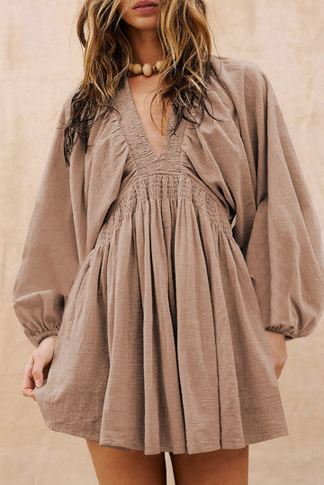 Deep V-Neck Bubble Sleeve Smocked Mini Dress - eAura