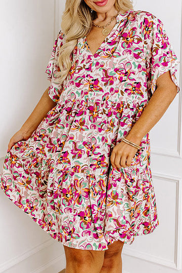 White Abstract Print V Neck Short Sleeve Ruffled Plus Size Mini Dress BB Fashion Outlet