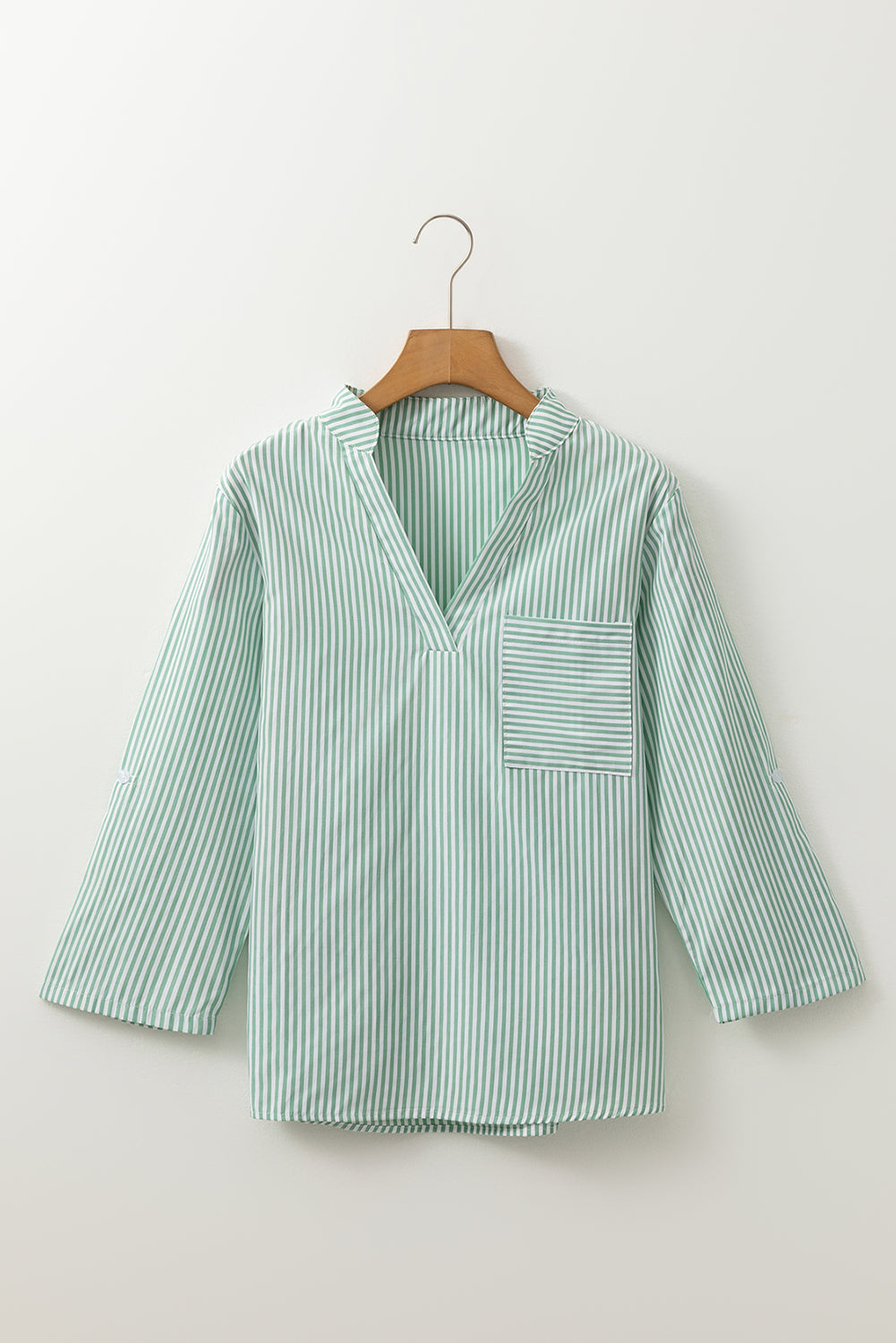 Green Stripe V Neck Roll Up Sleeve Pocket Patched Classic Shirt eAura