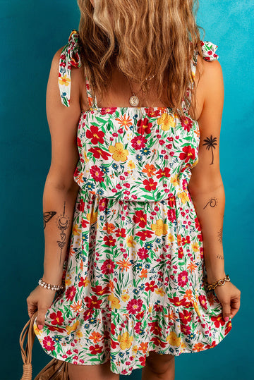 Floral Knotted Straps Cinched Waist Ruffle Hem Mini Dress eAura