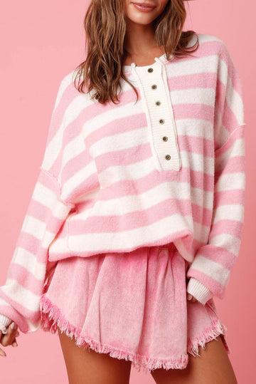 Pink Stripe Half Buttons Drop Shoulder Sweater eAura
