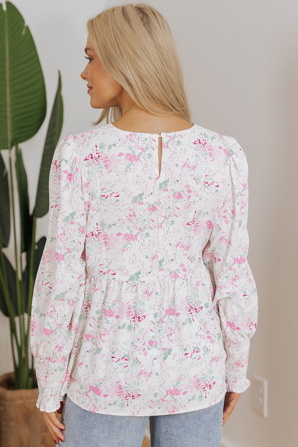 Pink Floral Print Shirred Balloon Sleeve Keyhole Back Babydoll Blouse eAura