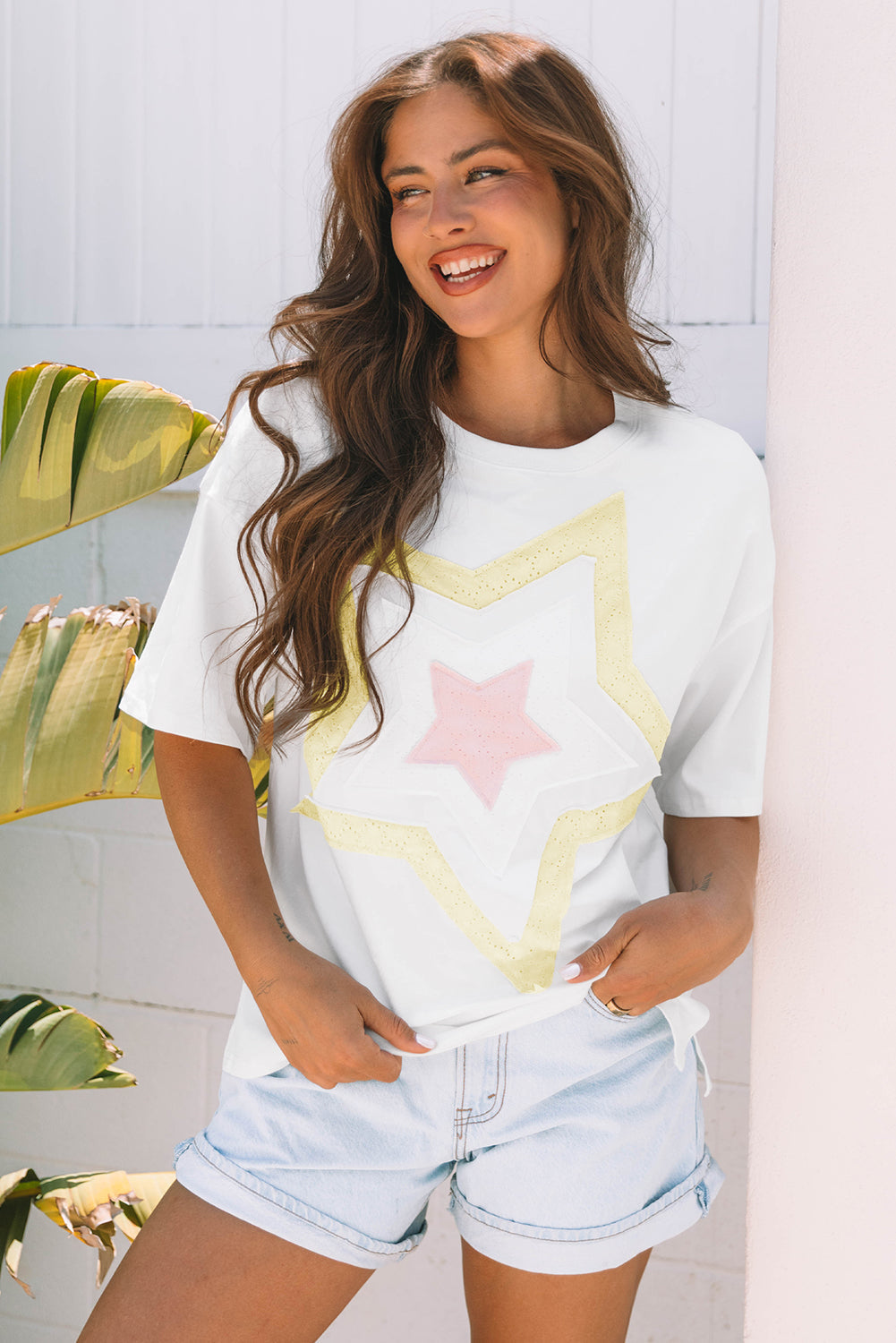 White Star Layered Patched Graphic Drop Shoulder Half Sleeve Loose Tee eAura