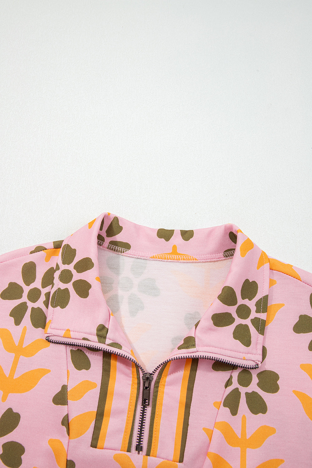 Pink Floral Print Zip Neck Striped Patchwork Long Sleeve Drawstring Dress eAura