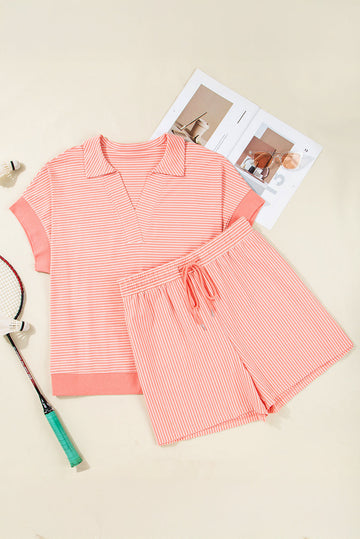Orange Stripe Loose Polo T-Shirt and Shorts Plus Size Co-ord Outfit BB Fashion Outlet