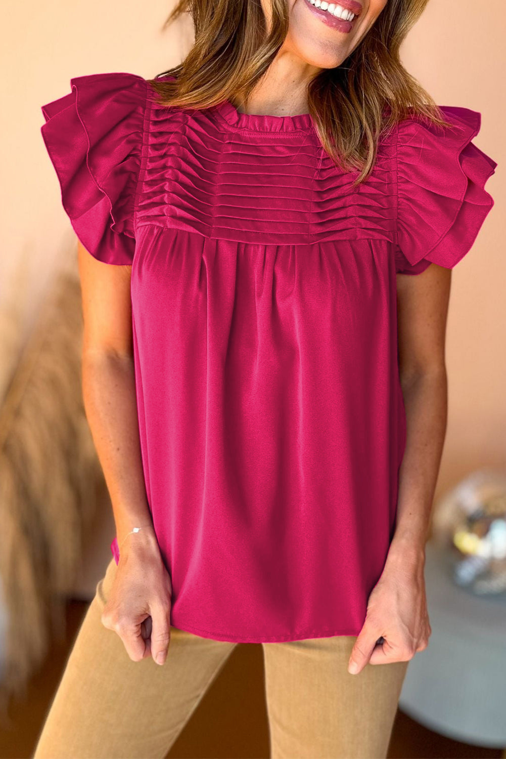 Rose Red Smocked Ruffle Sleeve Blouse eAura