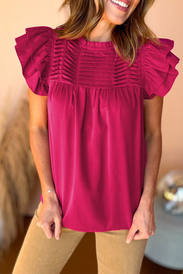 Rose Red Smocked Ruffle Sleeve Blouse eAura