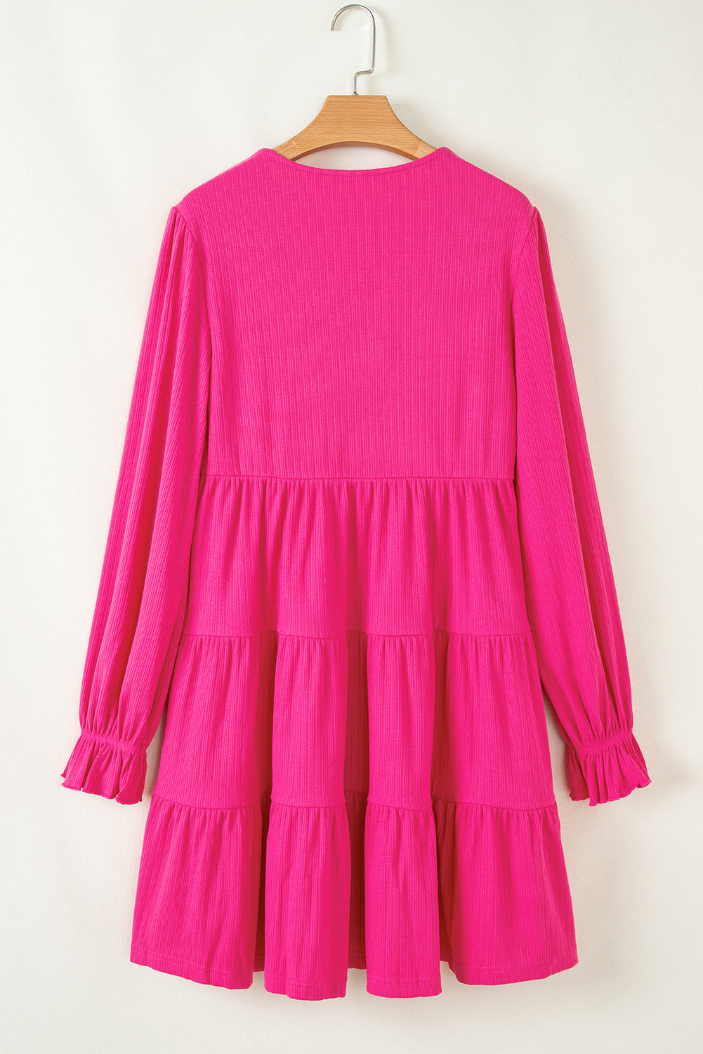 Rose Red Colourful Crochet V Neck Textured Tiered Ruffled Long Sleeve Mini Dress eAura