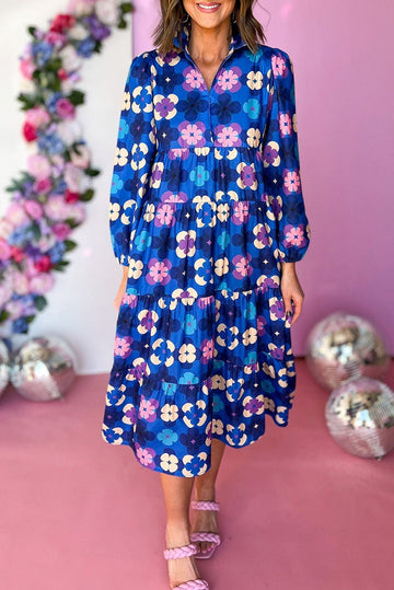 Blue Floral Peasant Sleeve Tiered Ruffle Midi Dress eAura