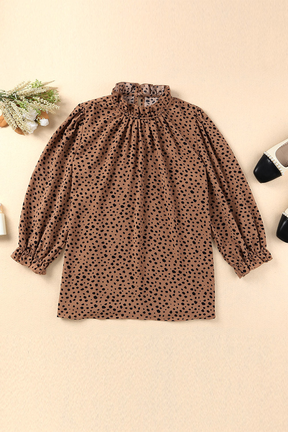 Khaki Frilled Neck 3/4 Sleeves Cheetah Blouse eAura