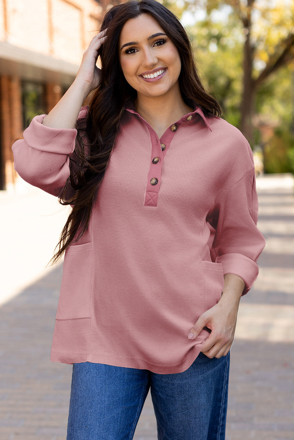Pink Waffle Long Sleeve Collar Half Button Loose Top eAura