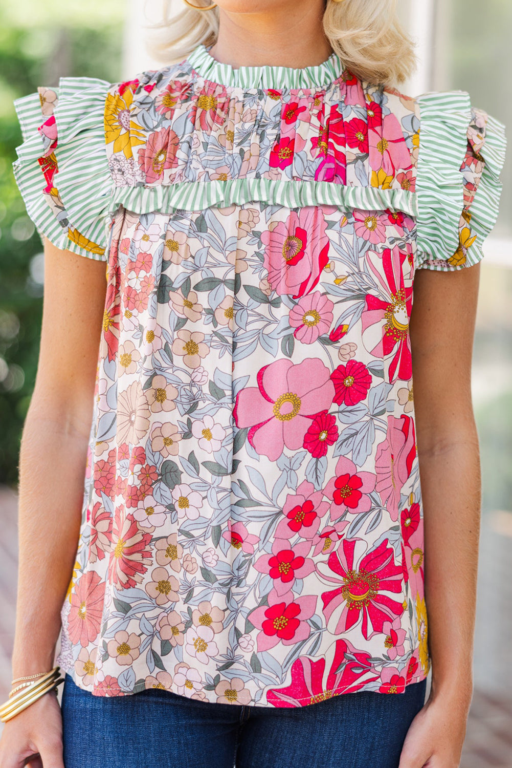 Pink Floral Print Contrast Ruffle Trim Short Sleeve Blouse eAura