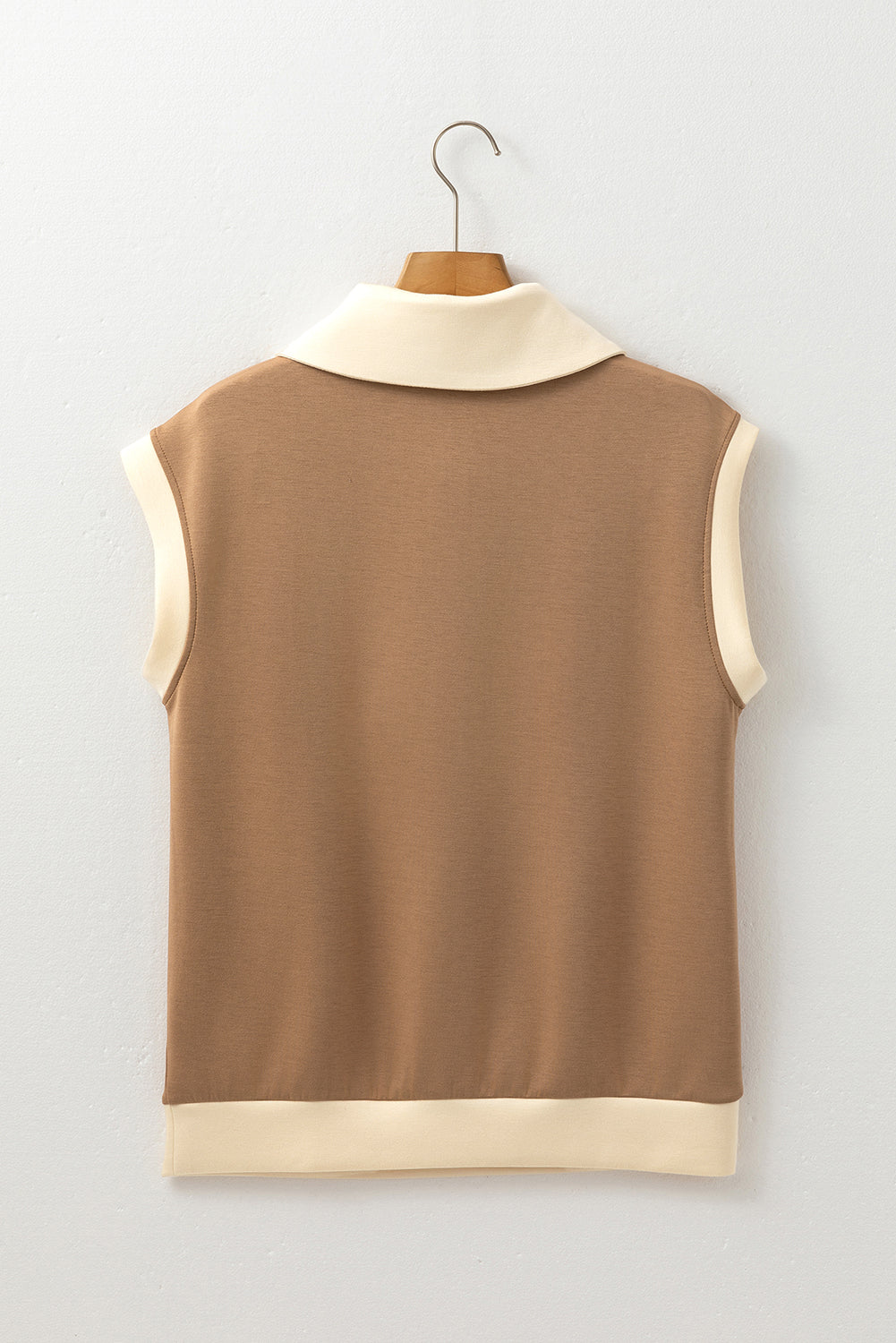 Simply Taupe Half Zipper Collared Colourblock Short Sleeve Top eAura