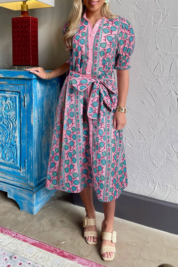 Pink Floral Shirred Puff Sleeve Buttoned Front Midi Dress with Sash eAura