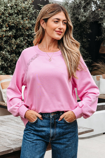 Pink Lace Patched Raglan Sleeve Loose Fit Sweatshirt - eAura