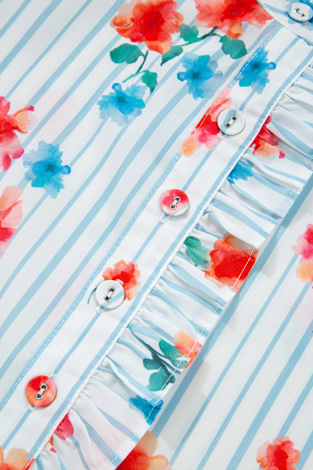 Sky Blue Stripe Floral Pattern Ruffle Short Sleeve Belted Mini Dress eAura