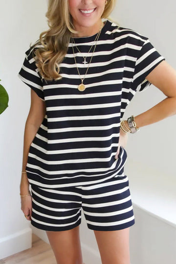 Black White Striped Short Sleeve Top and Shorts Set eAura
